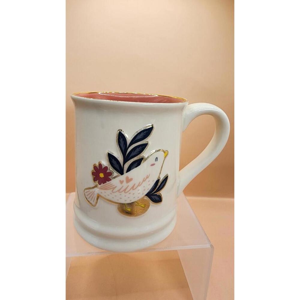 3D Coffee Mug / Tea Cup Pink On The Inside Gold Around The Top 14oz Cute